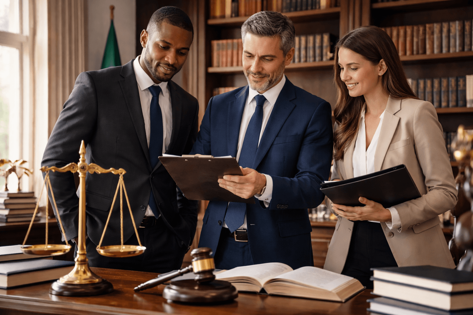 Balanca da justica em frente a predios governamentais, representando o Direito Administrativo e a relacao com a administracao publica